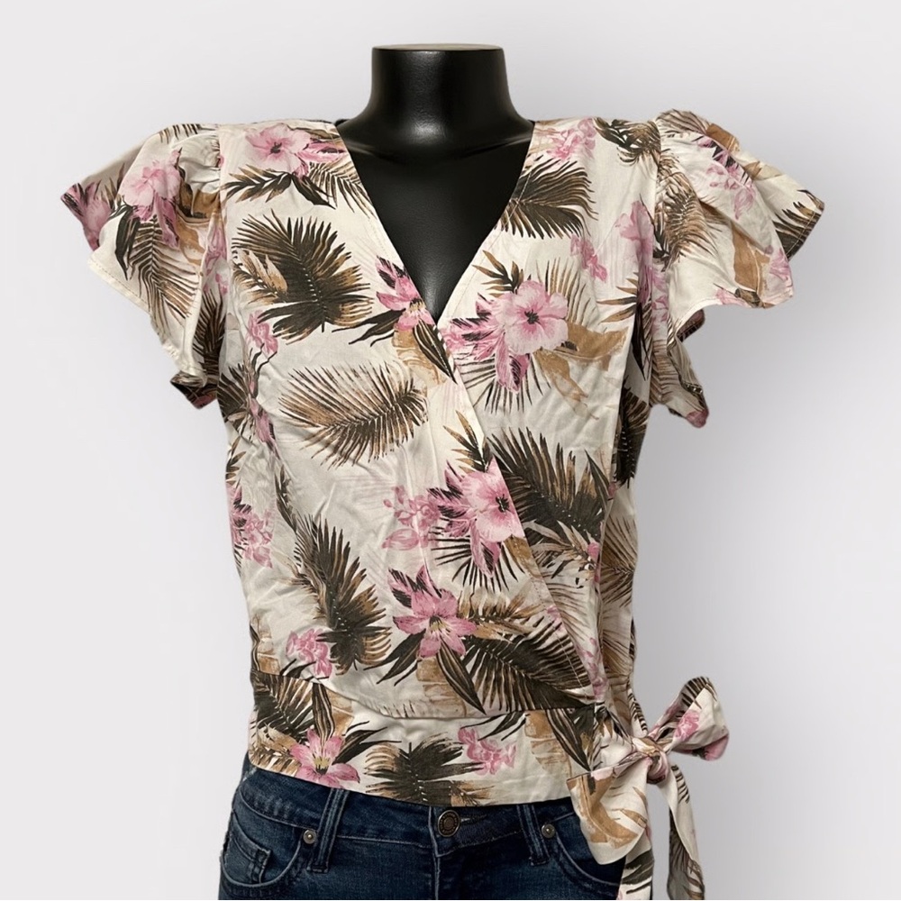 Floral Wrap Top with Pink and Brown Accents and flutter sleeves